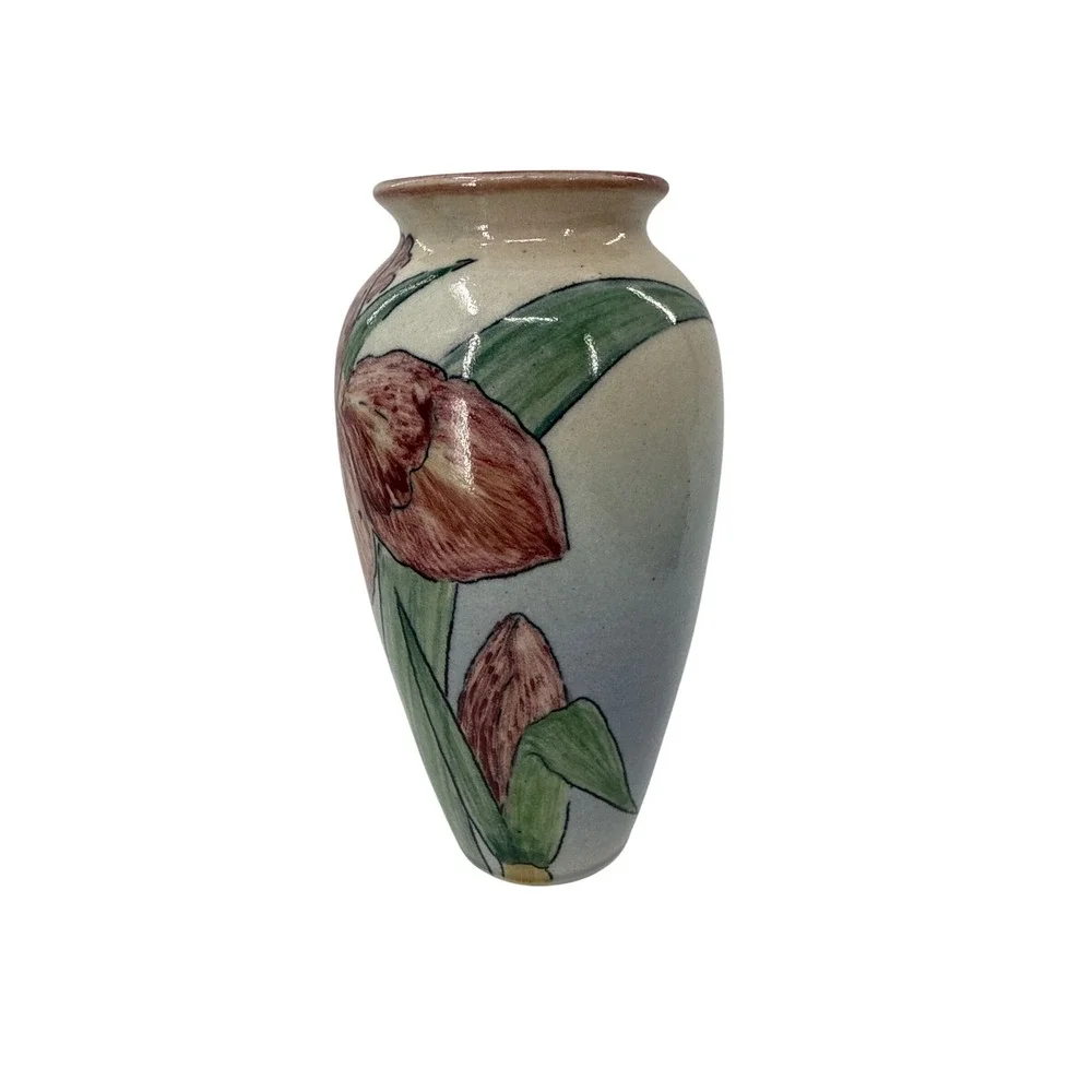Santa Barbara Ceramics A Suman Vase 7.5in Iris Floral 1984 Art Pottery
